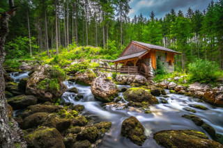 Small cabin overgrown stream bridge - impressionist free wallpaper