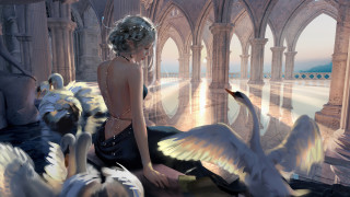 Woman bench swans man bird - rossdraw global illumination free wallpaper