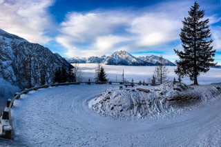 Snow mountain bench trees cloudy - carl hoppe free wallpaper