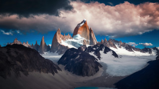 Mountain range snow peak clouds 2 - a lake below free wallpaper