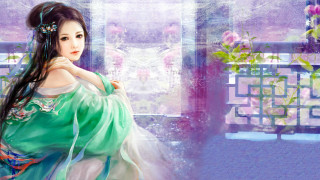 Woman green dress bench flower - a bench in front free wallpaper