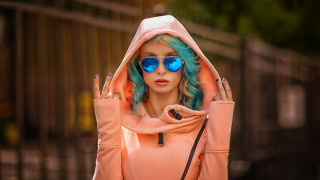 Blue hair pink hoodie sunglasses - blue hair free wallpaper
