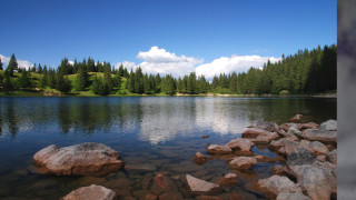 Lake rocks trees sky clouds - a matte painting free wallpaper