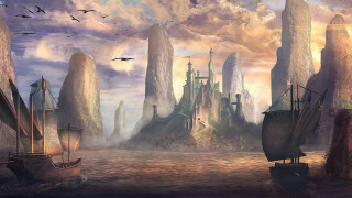 Castle tower boat bird city - a painting of a castle free wallpaper