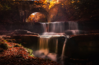Waterfall forest bridge autumn leaves - impressionist free wallpaper