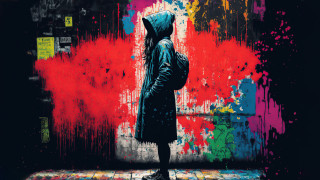 Person hooded backpack graffiti blood - a colorful wall free wallpaper