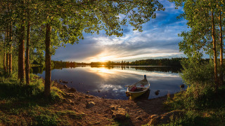 Lake sunset boat reflection landscape - free summer wallpaper for desktop