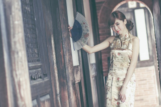 Woman dress fan smiling doorway - a woman in a dress holding free wallpaper