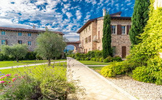 Romanesque garden stone walkway cityscape - a clock tower free wallpaper