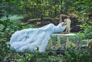 Woman white dress woods suitcase - florianne becker free wallpaper