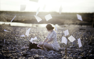 Woman rock beach water paper - surreal photography free wallpaper