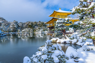 Snowy pagoda lake forest ukiyo - detailed free wallpaper