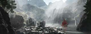 Red boat mountains mist water - mist free wallpaper