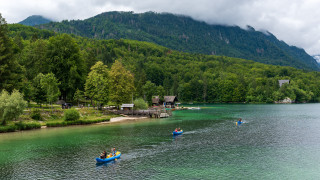 Lake forest mountains people boat - impressionist free wallpaper