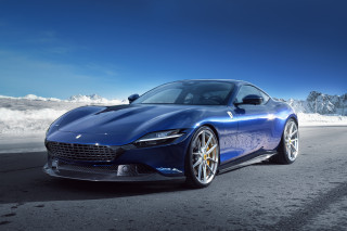 Blue sports car mountains snow - fan qi free wallpaper