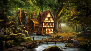 House woods waterwheel stream fantasy - andreas rocha free wallpaper
