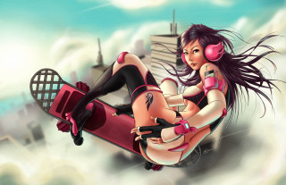 Pink skirted skateboarder clouds headphones - a skateboard free wallpaper