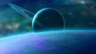 Planet ring stars blue glow - blue background free wallpaper