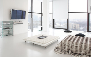 Livingroom largewindow tvwall couch furblanket - postminimalism free wallpaper for desktop