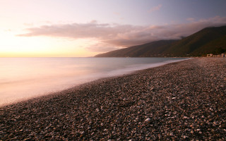 Beach rocks mountain water sunset - andor basch free wallpaper