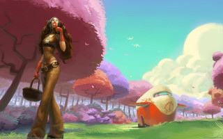 Woman bikini field suitcase car - anton fadeev free wallpaper