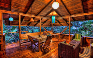 Wooden deck hammock table chairs - open ceiling free wallpaper