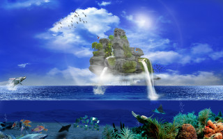 Waterfall ocean birds fish matte - a matte painting free wallpaper