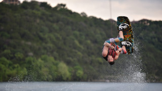 Man flying wakeboard lake forest - free other wallpaper