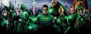 Green costumed group city skyline - a green light free wallpaper