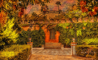 Garden bench gate autumn leaves - green plant free wallpaper