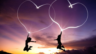 Flying hearts sunset plane silhouette - two person free wallpaper