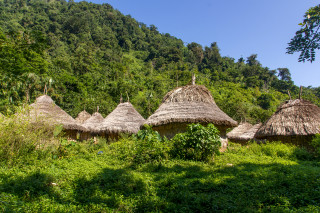 Huts field trees hill nature - primitivism free wallpaper