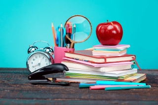 Books clock pens aqua background - academic art free wallpaper for desktop