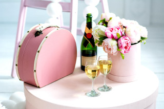 Pink suitcase wine glasses flowers - two glass of wine free wallpaper