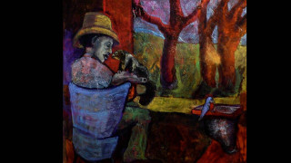 Man dog park trees bench - a painting of a man free wallpaper