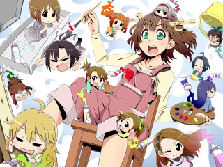 Anime girls table laptop tv - a detailed painting free wallpaper