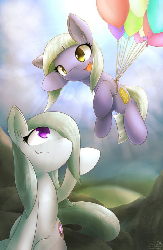 Cartoon cat pony flying balloons - balloon free wallpaper