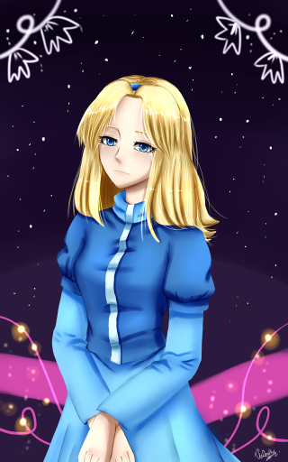 Cartoon girl blue dress starry - a purple ribbon free wallpaper