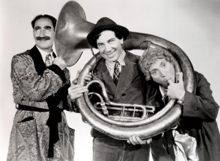 Men holding trumpet horn hats - viennese actionism free wallpaper