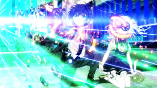 Anime girls walking neon light - a street in front free wallpaper