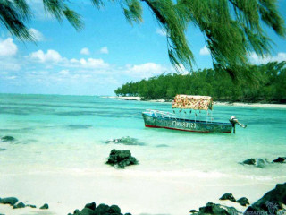Beach boat rocks trees sky - color film photography free wallpaper