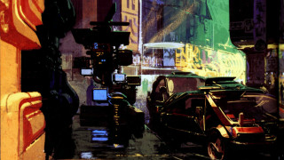 City street cars parked building - a painting of a city street free wallpaper