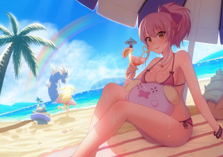 Woman beach umbrella drink rainbow - sots art free wallpaper