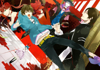 Anime characters red background stripes - official art free wallpaper for desktop