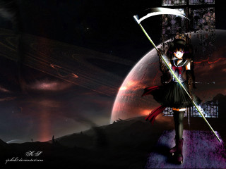 Girl sword planet sky red - a red light in the middle free wallpaper