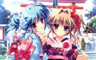 Anime girls building red rose - front free wallpaper