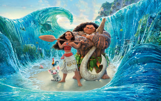 Cartoon man woman surfboard giant - a dog in front free wallpaper