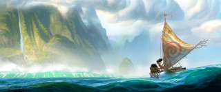 Sailboat man woman ocean mountain - a painting of a man and woman free wallpaper