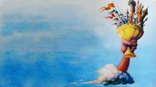 Hand golden cup flags clouds - golden free wallpaper