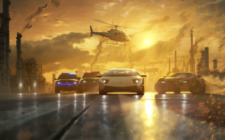 Cars helicopter city sunset dawn - cinematic 4k wallpaper free wallpaper